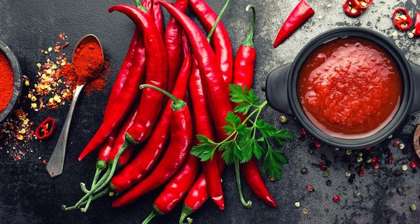Rote Chilischoten, Chilipulver und eine Chilsoße auf einer schwerzen Tischplatte.