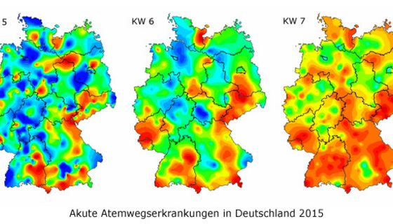Drei Deutschlandkarten nebeneinander mit farblich eingezeichneten Aktivitäten akuter Atemwegsinfektionen.