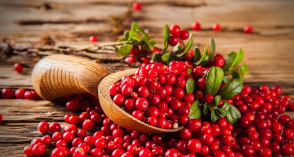 Cranberries auf einem Holztisch mit einem Holzlöffel.