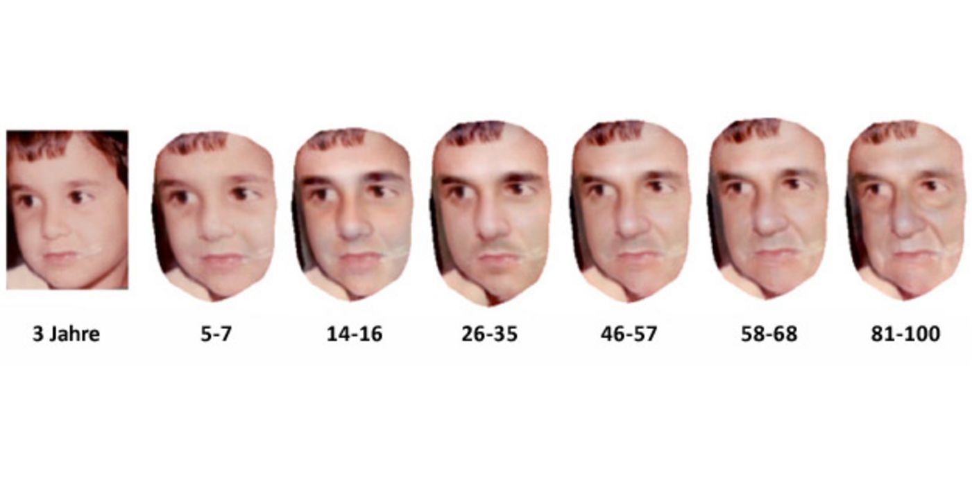 Alterungsprozess von 3 bis 100 anhand des Portraitfotos eines Mannes