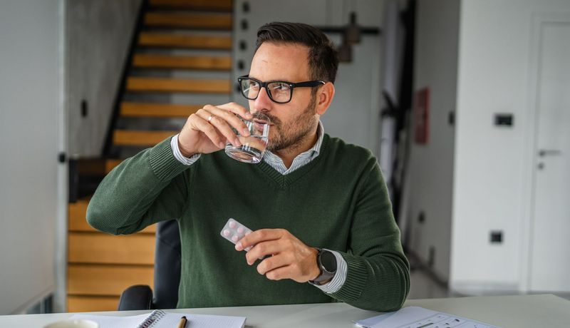 Mann nimmt eine Tablette, er hat das Blister noch gut sichtbar in der Hand. Auf seinem Schreibtisch liegt ein offener Block und Dokumente – leicht unordentlich.