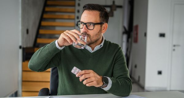 Mann nimmt eine Tablette, er hat das Blister noch gut sichtbar in der Hand. Auf seinem Schreibtisch liegt ein offener Block und Dokumente – leicht unordentlich.