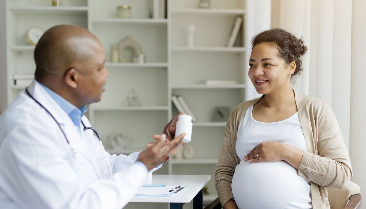 Eine schwangere Frau sitzt auf einem Stuhl mit einem Arzt im weißen Kittel. Er hält eine weise Dose in der Hand. Mit der anderen Hand deutet er auf die Dose.