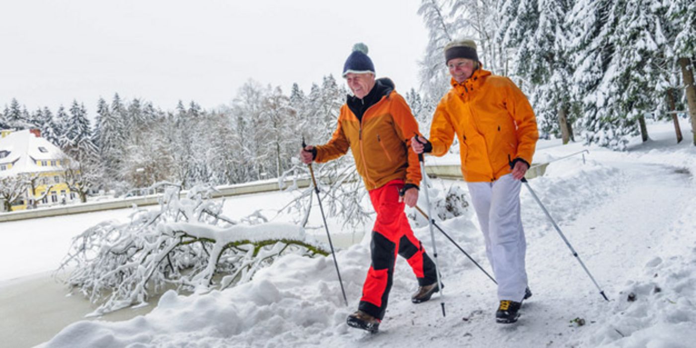 Senioren-Paar in Winterfunktionskleidung läuft mit Gehstöcken an einem zugefrorenen See in winterlicher Natur entlang