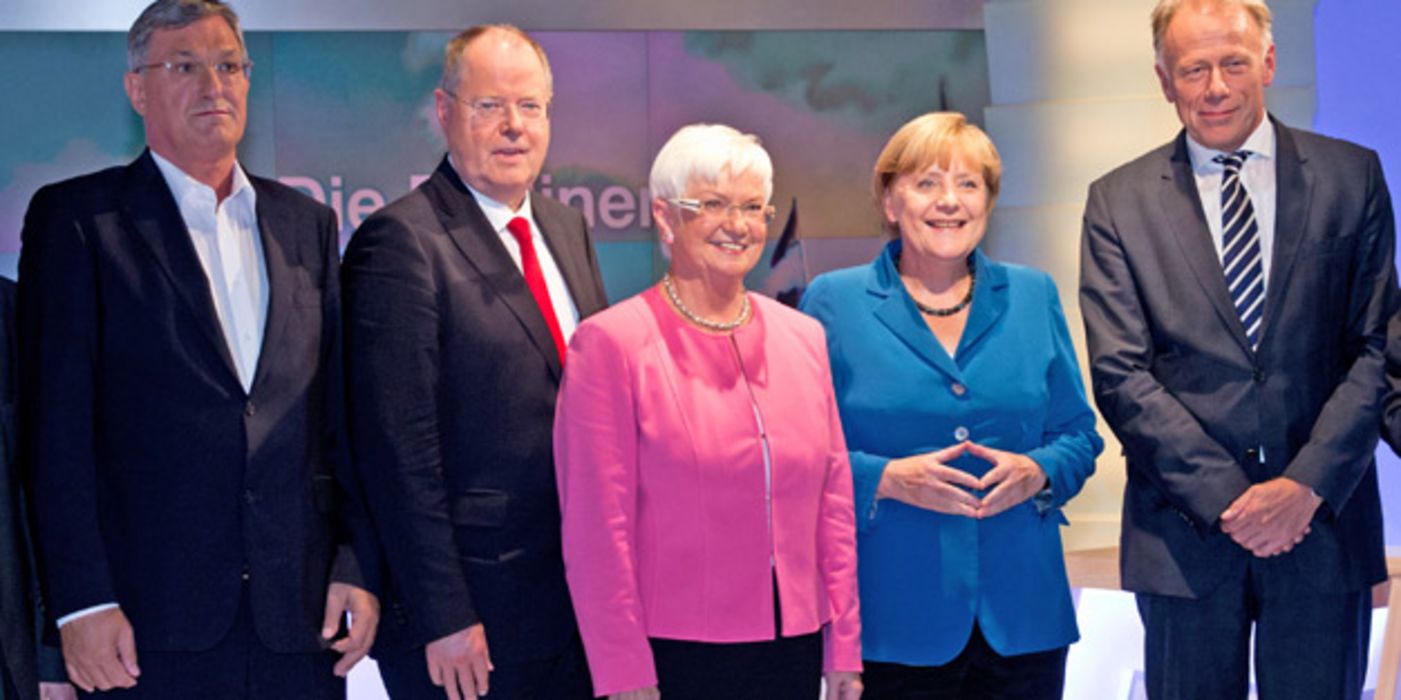 Berliner Runde vom 23.09.2013: Riexinger (Linke), Steinbrück (SPD), Hasselfeldt (CSU), Merkel (CDU), Trittin (B90/Grüne)