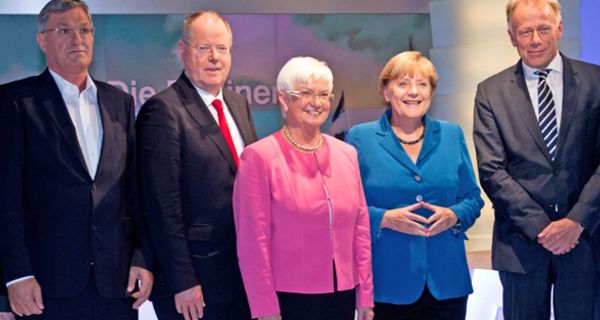 Berliner Runde vom 23.09.2013: Riexinger (Linke), Steinbrück (SPD), Hasselfeldt (CSU), Merkel (CDU), Trittin (B90/Grüne)