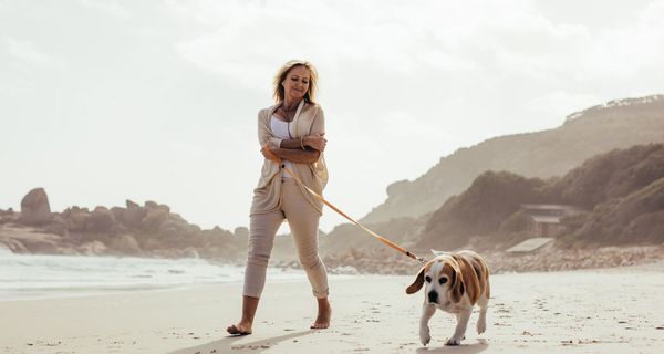 Frau, geht am Strand spazieren mit einem Hund.