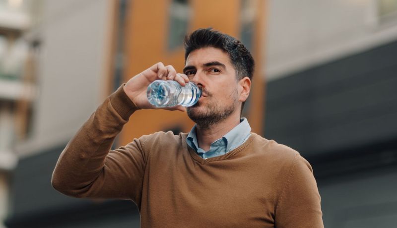 Junger Mann trinkt Wasser aus einer Plastikflasche.