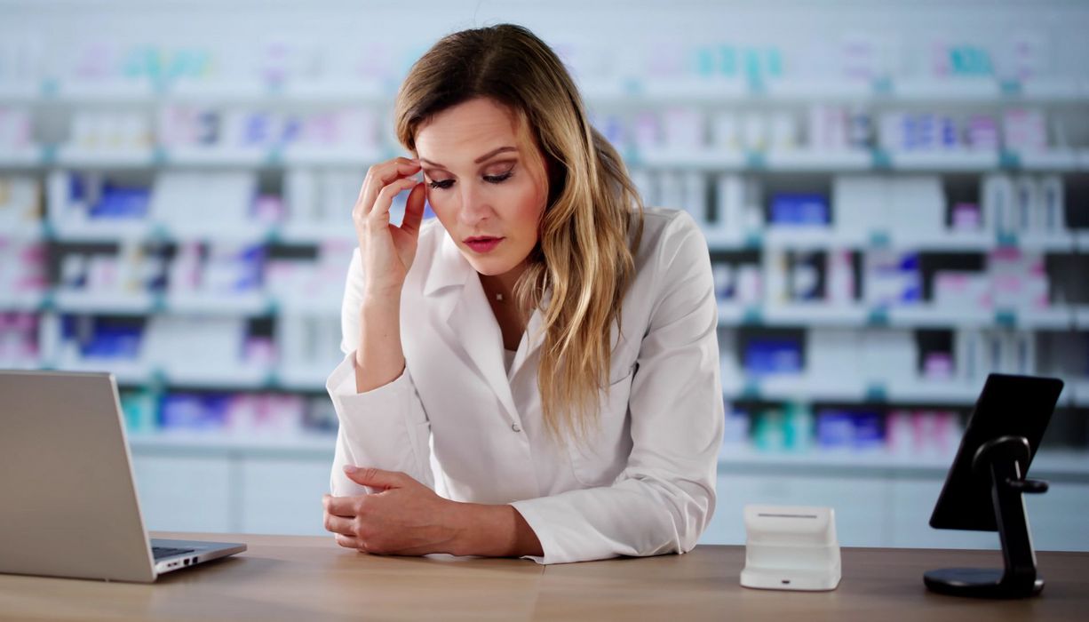 Apothekerin im Kittel blickt traurig auf den Thresen und fasst sich an die Schläfe. Hinter ihr ist ein Regal mit Medikamenten zu erkennen.