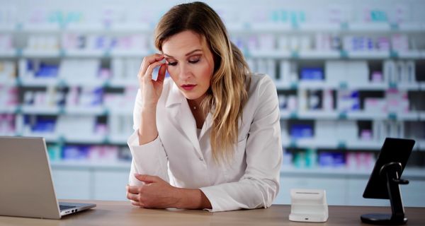 Apothekerin im Kittel blickt traurig auf den Thresen und fasst sich an die Schläfe. Hinter ihr ist ein Regal mit Medikamenten zu erkennen.