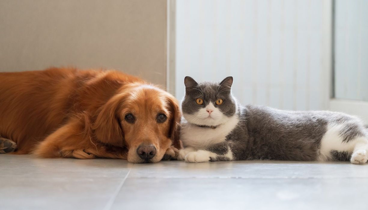Hund und Katze, liegen gemeinsam auf dem Boden.