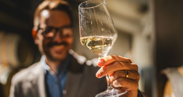 Mann, hält ein Glas Wein in der Hand.
