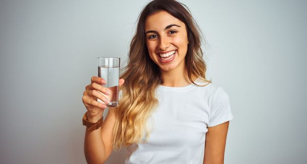 Junge Frau, hält ein Glas Wasser in die Kamera.