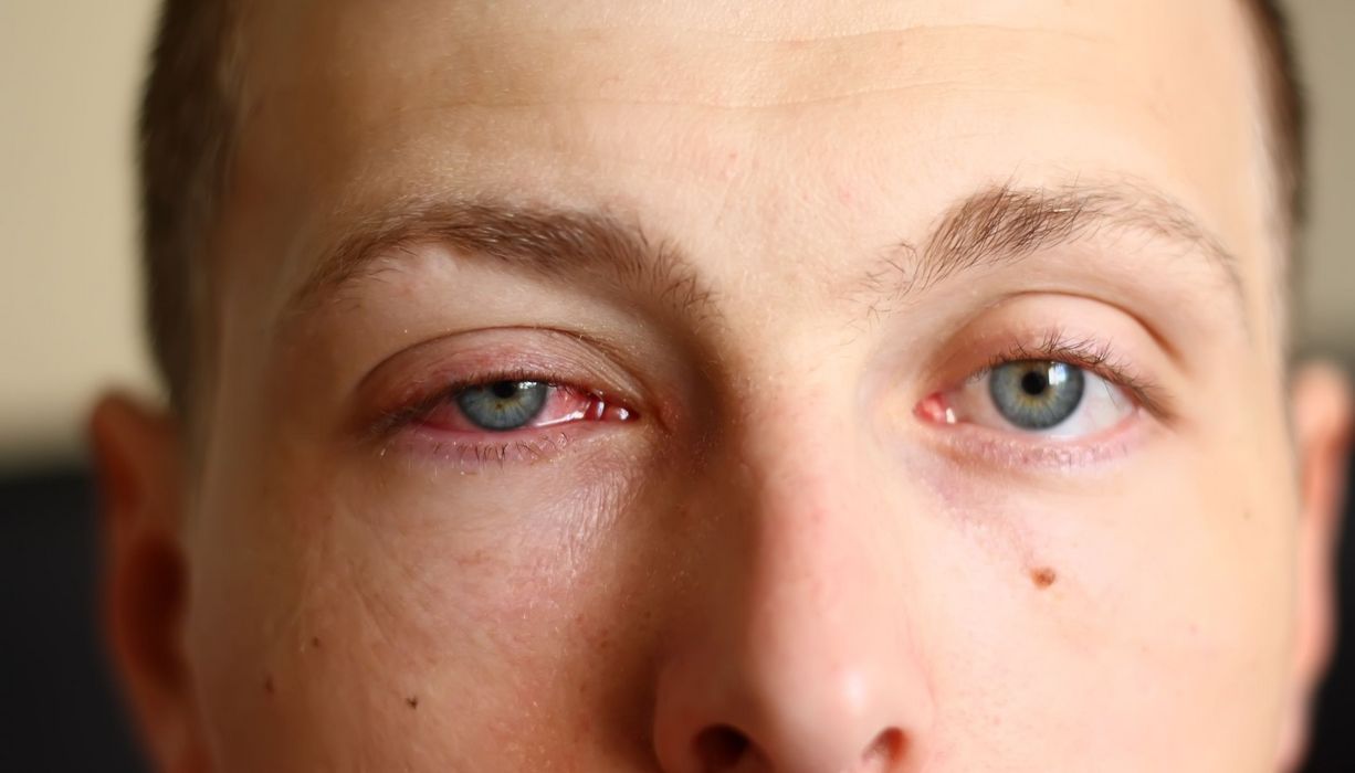 Mann blickt in die Kamera: Sein rechts Auge ist gerötet und geschwollen.