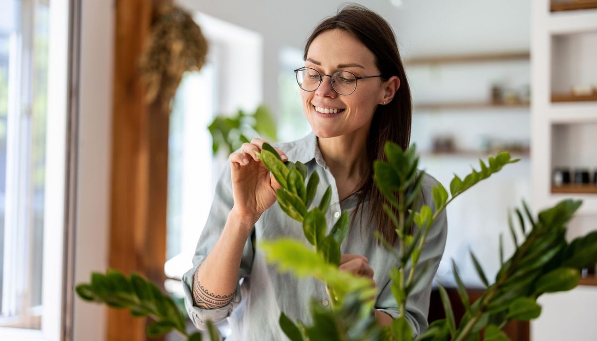 Eine Frau kümmert sich um ihre Zimmerpflanze.
