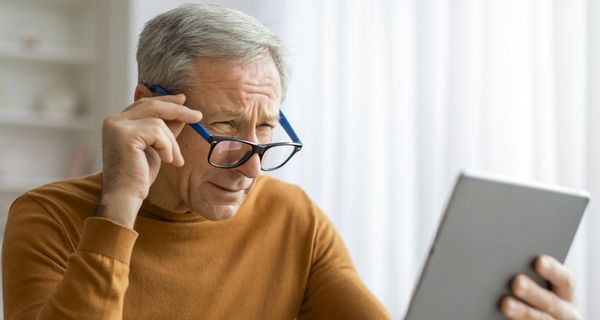 Älterer Mann versucht, auf einem Tablet etwas zu lesen. Er passt die Position der Brille an.