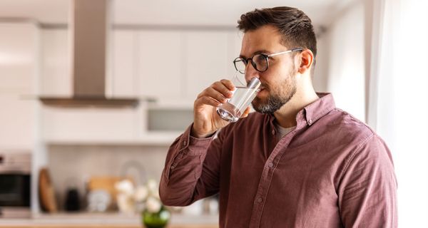 Junger Mann trinkt ein Glas Wasser.