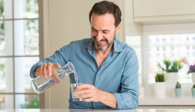 Mann gießt sich ein Glas Wasser aus einer Glaskaraffe ein.
