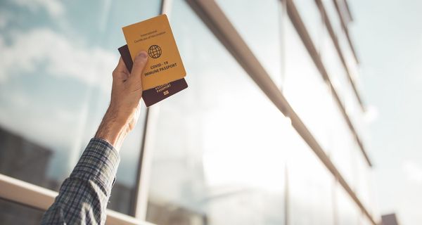 Mann, hält Reise- und Impfpass in der Hand.