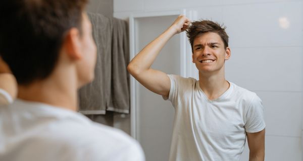 Junger Mann steht vor dem Spiegel und rauft sich die Haare.