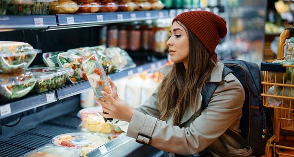 Junge Frau blickt prüfend auf einen Fertigsalat aus dem Kühlregal.
