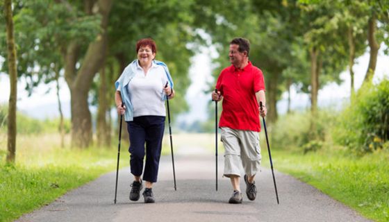 Paar macht Nordic Walking auf einer Allee