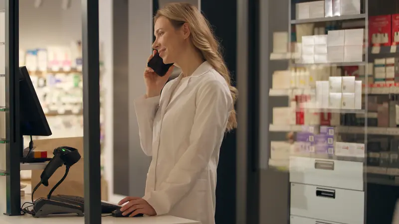 Apothekerin telefoniert im Notdienst.