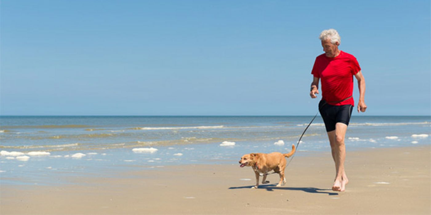 Senior, weißhaarig, schlank, rotes Shirt, schwarze Radlerhose mit Hund beim Strandlauf, blauer Himmel, blaues Meer
