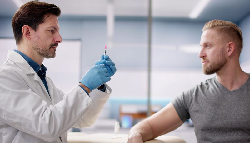 Ein Arzt bereitet eine Spritze für einen Patienten vor.
