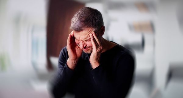 Ein Mann fasst sich an die Schläfe, das Bild um seinen Kopf herum ist kreisförmig verschwommen.