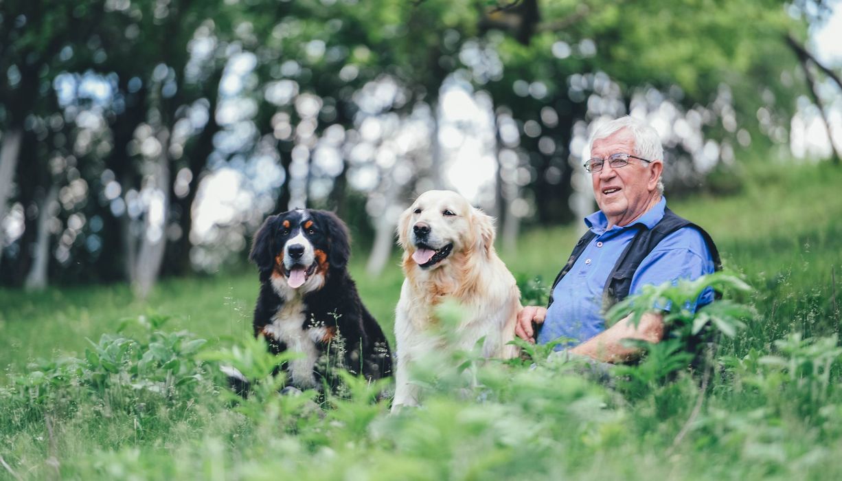 Älterer Herr sitzt mit seinen beiden Hunden in der natur