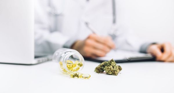 Arzt mit medizinischem Cannabis vor sich auf dem Tisch.