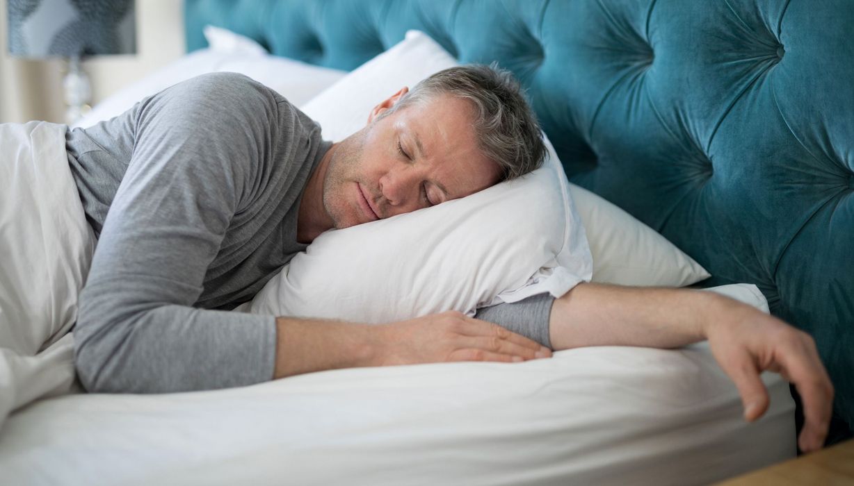 Mann schläft im Bett.